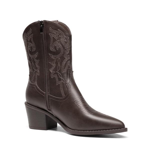 Western Chunky Heel Cowboy Ankle Boots - DARK BROWN - 2